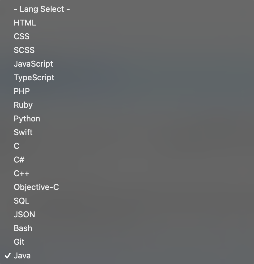 Javaが追加されている言語選択画面