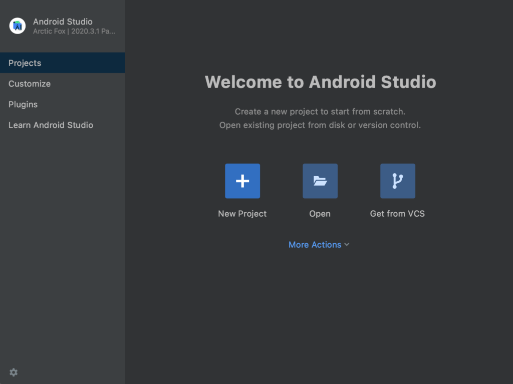 Welcome to Android Studioと表示された画面