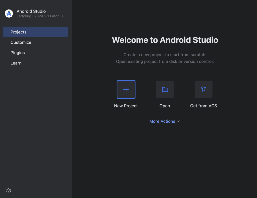 Welcome to Android Studioと表示された画面