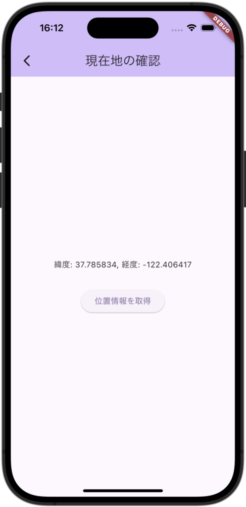 取得した位置情報を表示した実行例